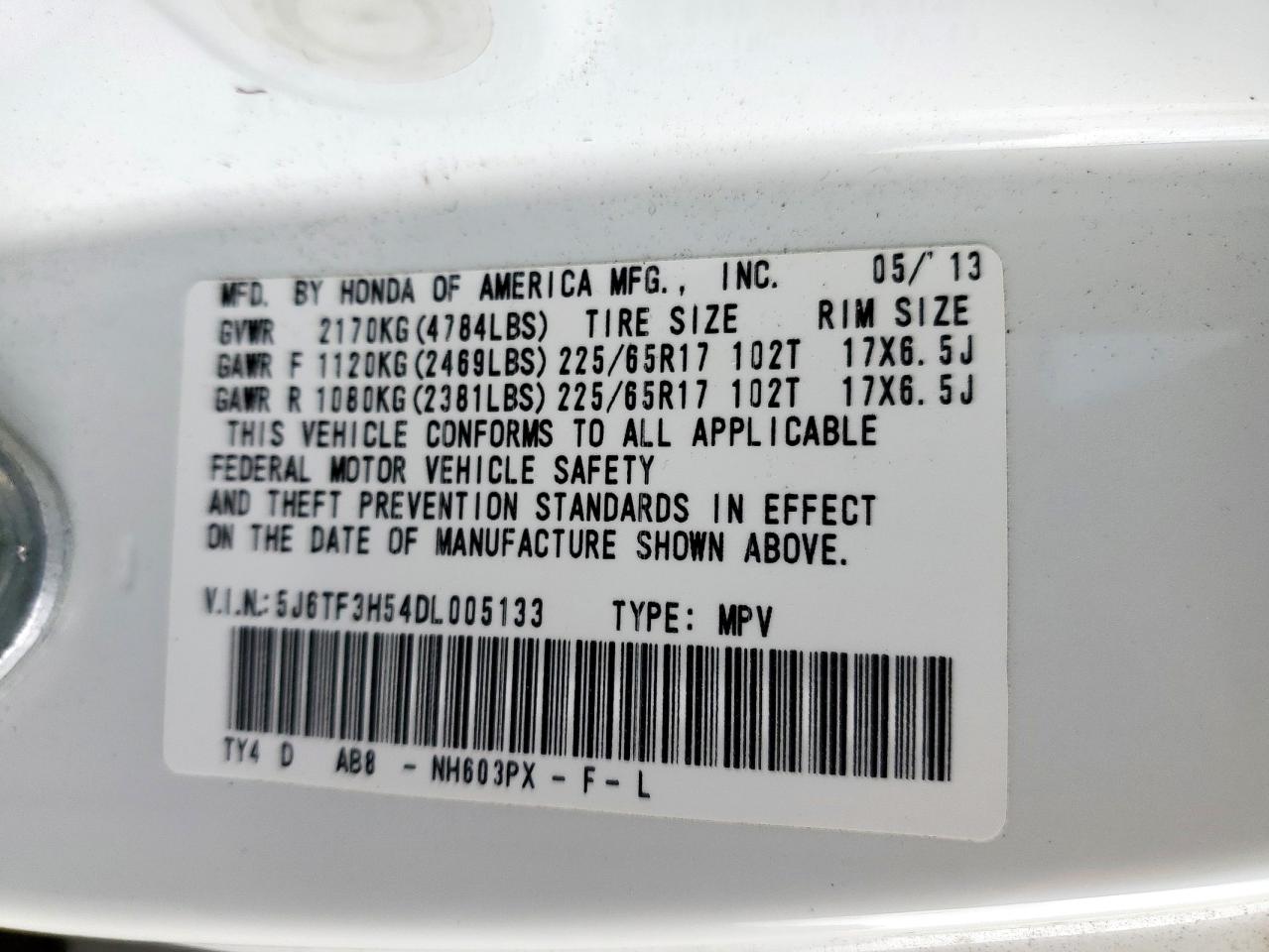 2013 Honda Crosstour Exl VIN: 5J6TF3H54DL005133 Lot: 92827375