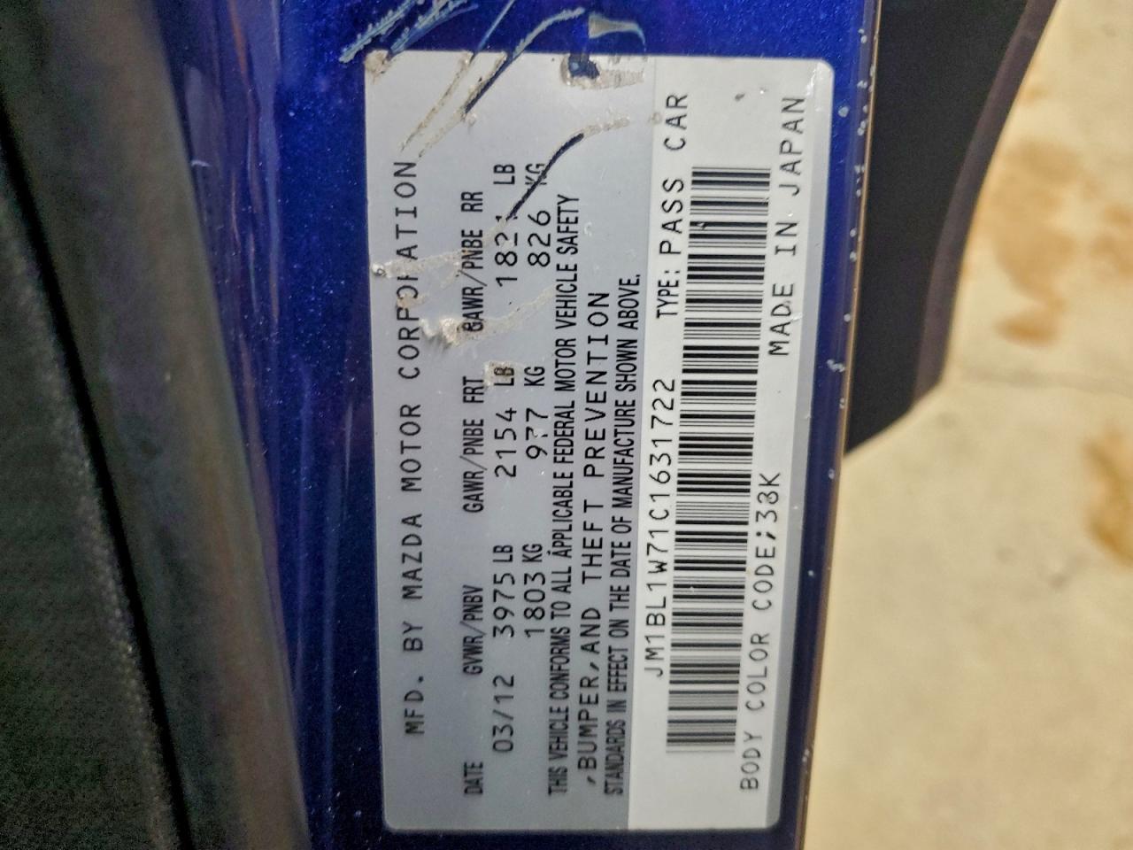 2012 Mazda 3 I VIN: JM1BL1W71C1631722 Lot: 94460905