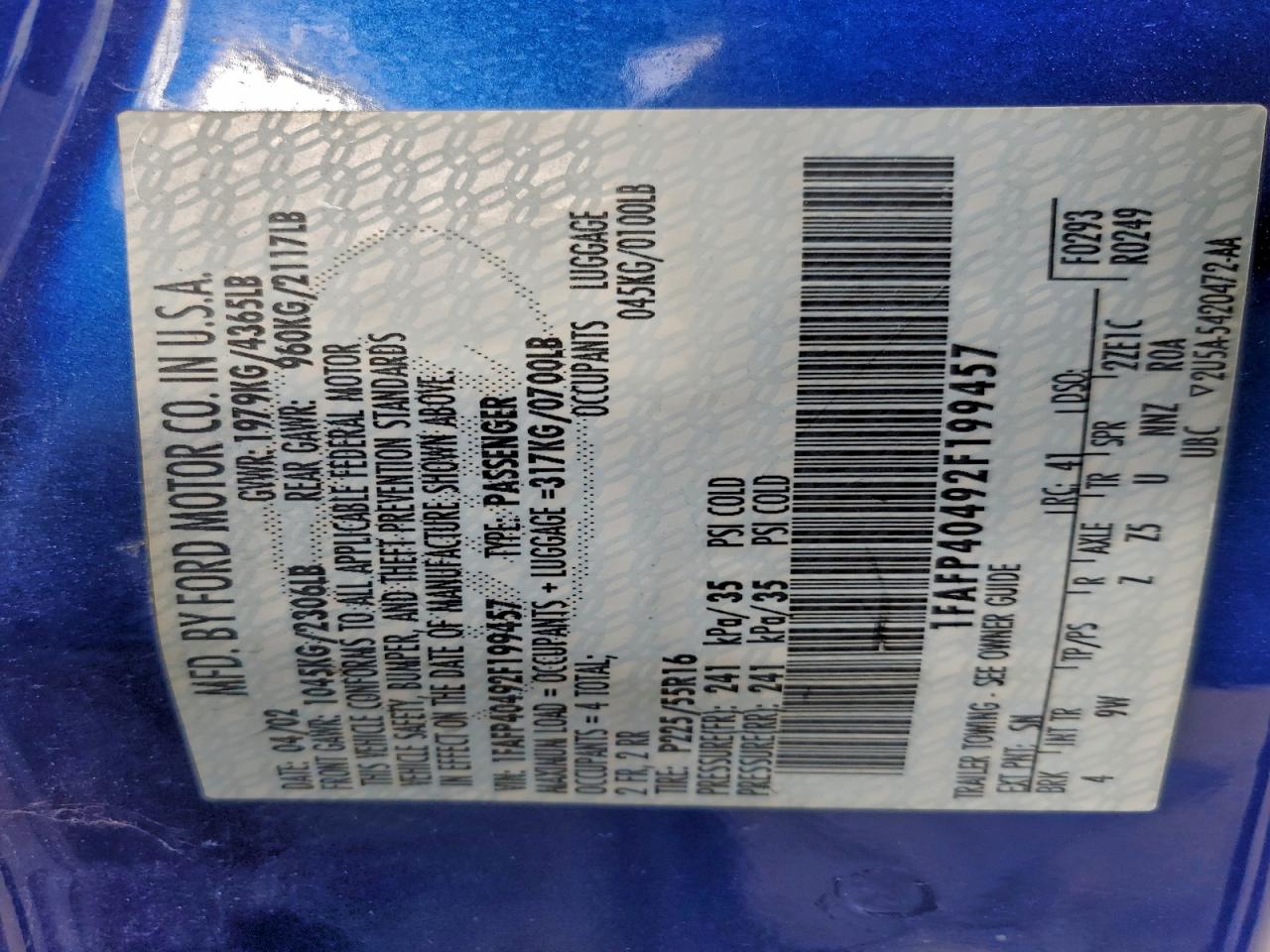 2002 Ford Mustang VIN: 1FAFP40492F199457 Lot: 94344755