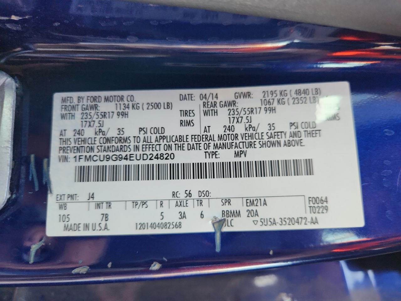 2014 Ford Escape Se VIN: 1FMCU9G94EUD24820 Lot: 91431775