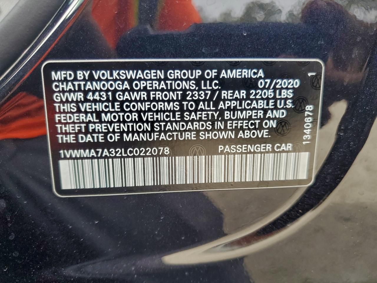 2020 Volkswagen Passat R-Line VIN: 1VWMA7A32LC022078 Lot: 94377095