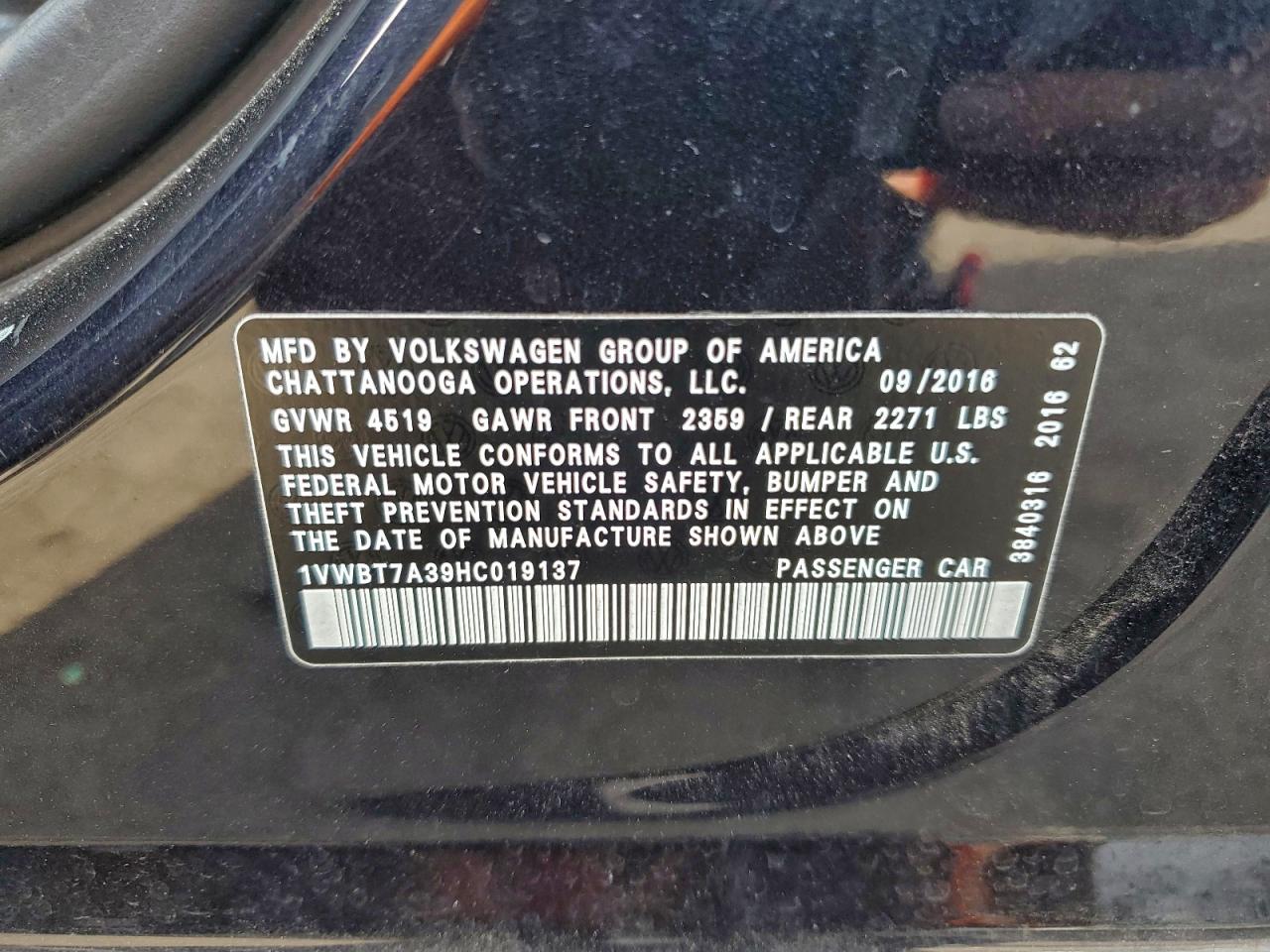 2017 Volkswagen Passat Se VIN: 1VWBT7A39HC019137 Lot: 93318065