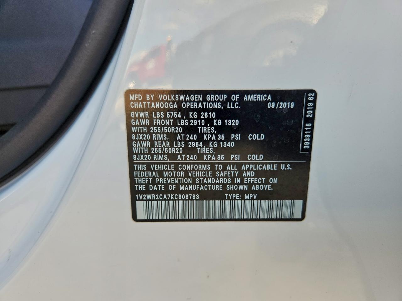 2019 Volkswagen Atlas Se VIN: 1V2WR2CA7KC606783 Lot: 94056345