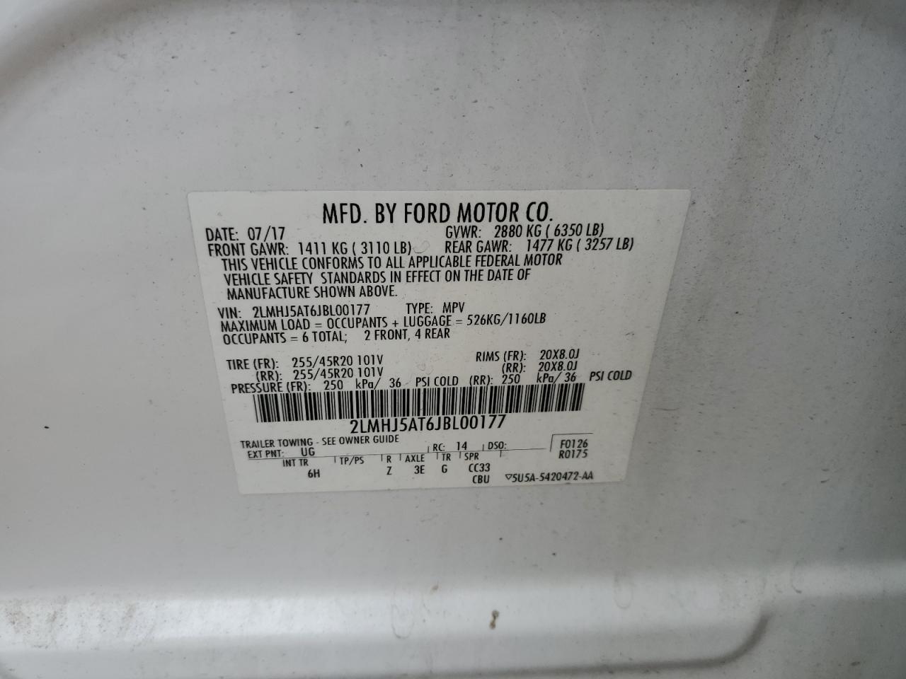 2018 Lincoln Mkt VIN: 2LMHJ5AT6JBL00177 Lot: 93063825