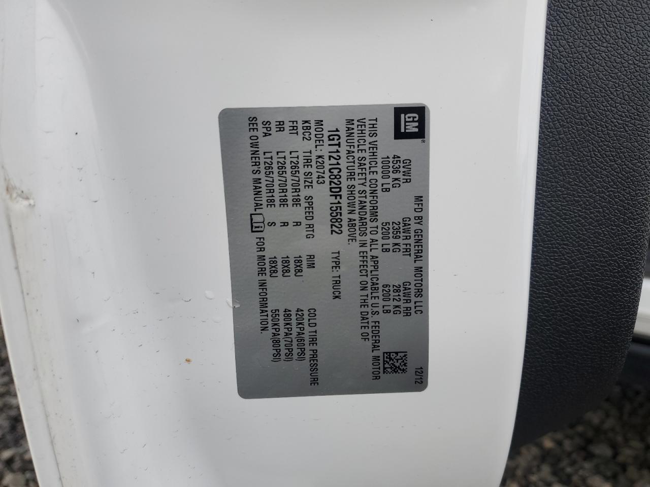 2013 GMC Sierra K2500 Slt VIN: 1GT121C82DF155822 Lot: 92244665