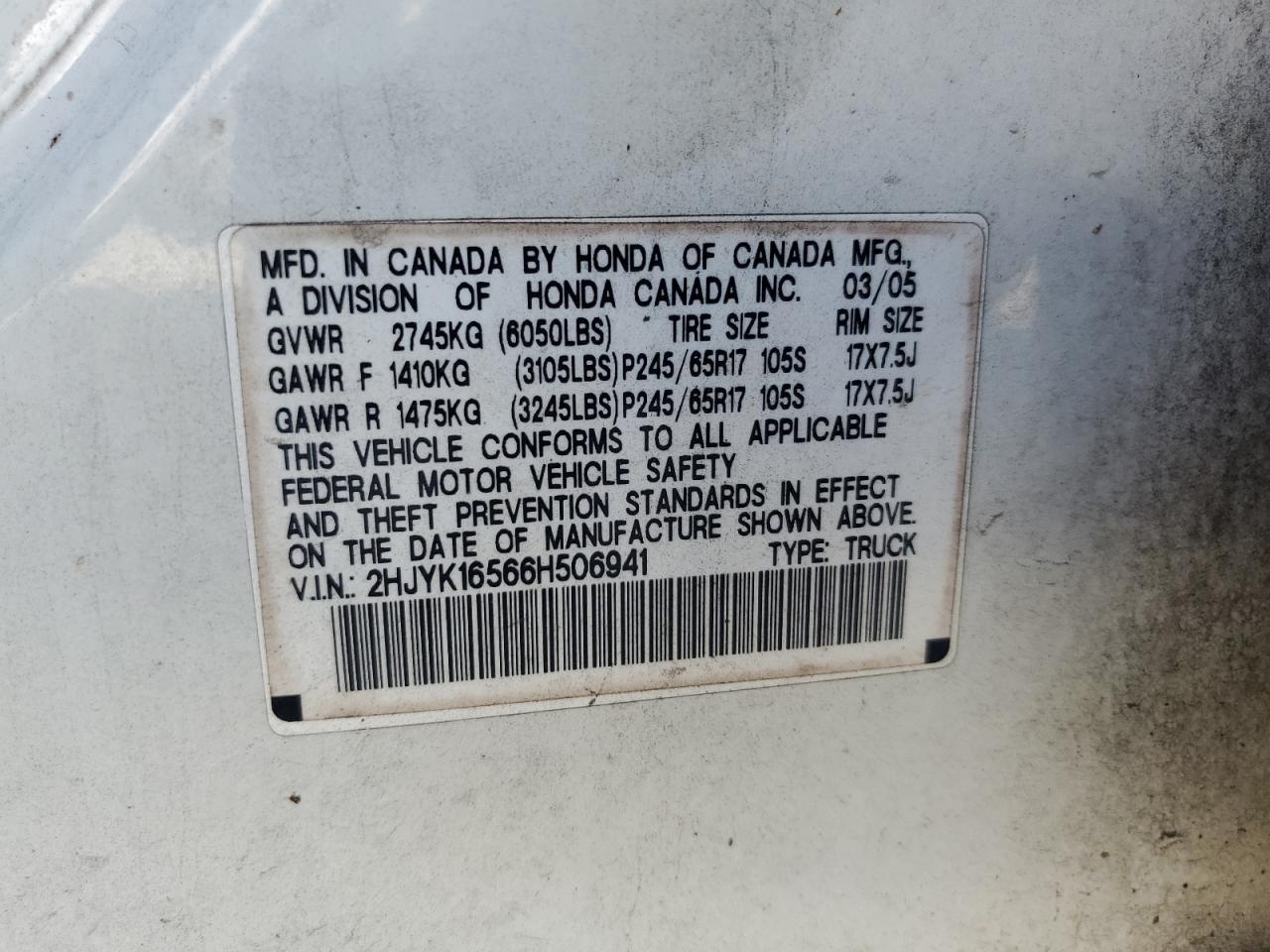 2006 Honda Ridgeline Rtl VIN: 2HJYK16566H506941 Lot: 92371995