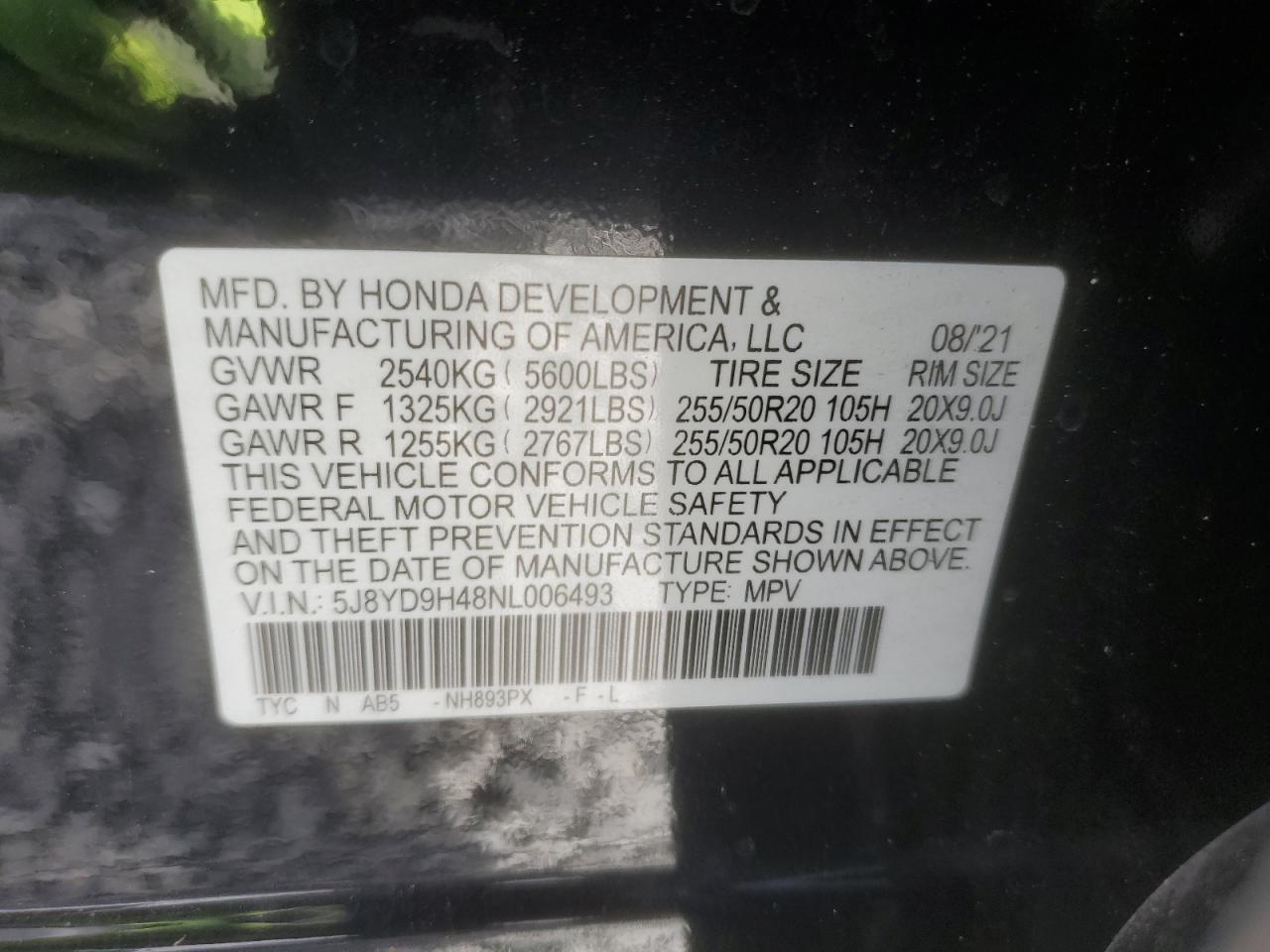 2022 Acura Mdx Technology VIN: 5J8YD9H48NL006493 Lot: 92530735