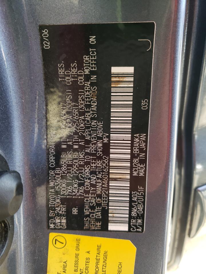 2006 Toyota Highlander Limited VIN: JTEEP21A460162562 Lot: 91263595