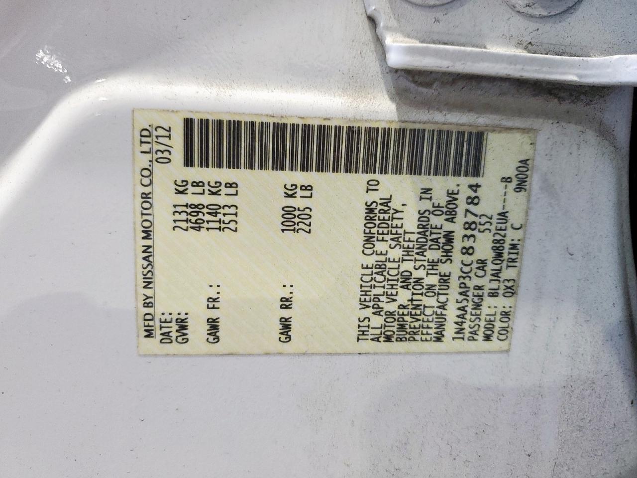 2012 Nissan Maxima S VIN: 1N4AA5AP3CC838784 Lot: 91024065