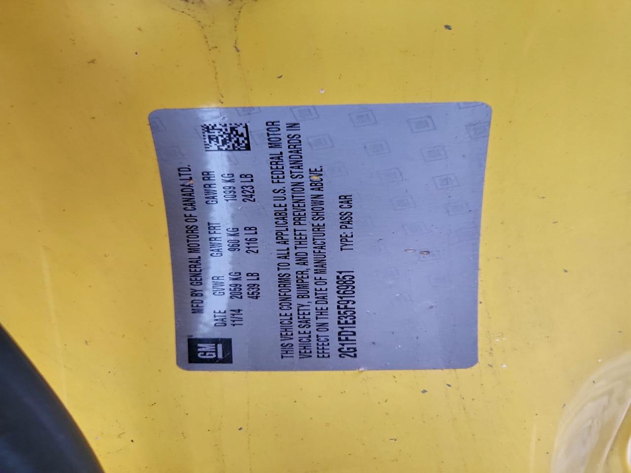 2015 Chevrolet Camaro Lt VIN: 2G1FD1E35F9169851 Lot: 93417045