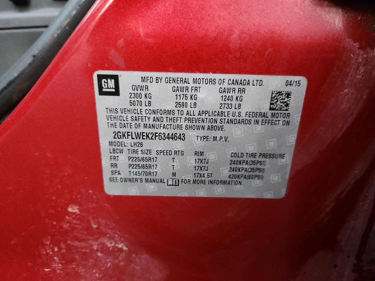 2015 GMC Terrain Sle VIN: 2GKFLWEK2F6344643 Lot: 93076955