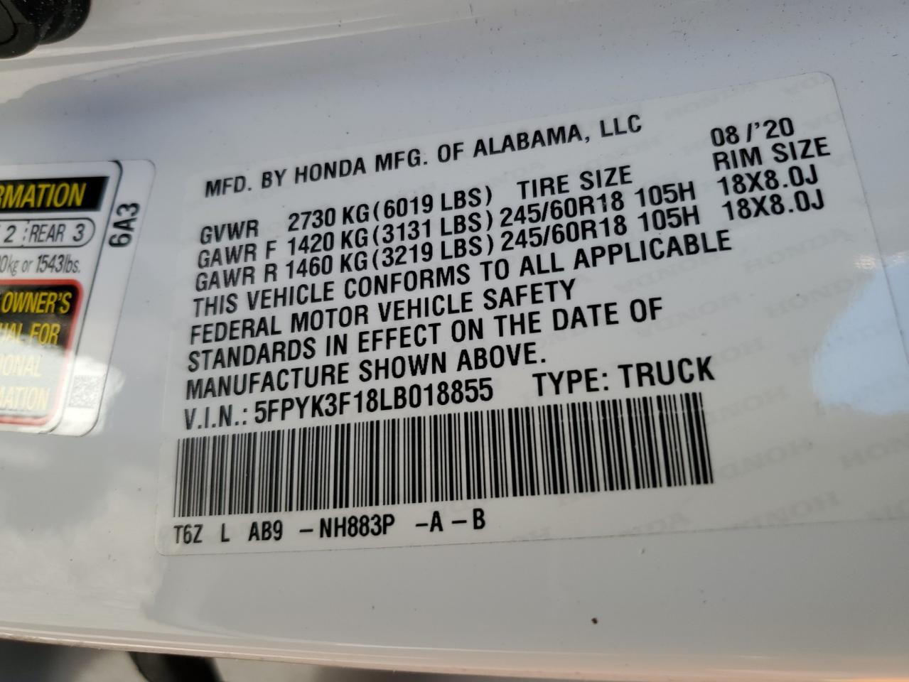 2020 Honda Ridgeline Sport VIN: 5FPYK3F18LB018855 Lot: 91243305