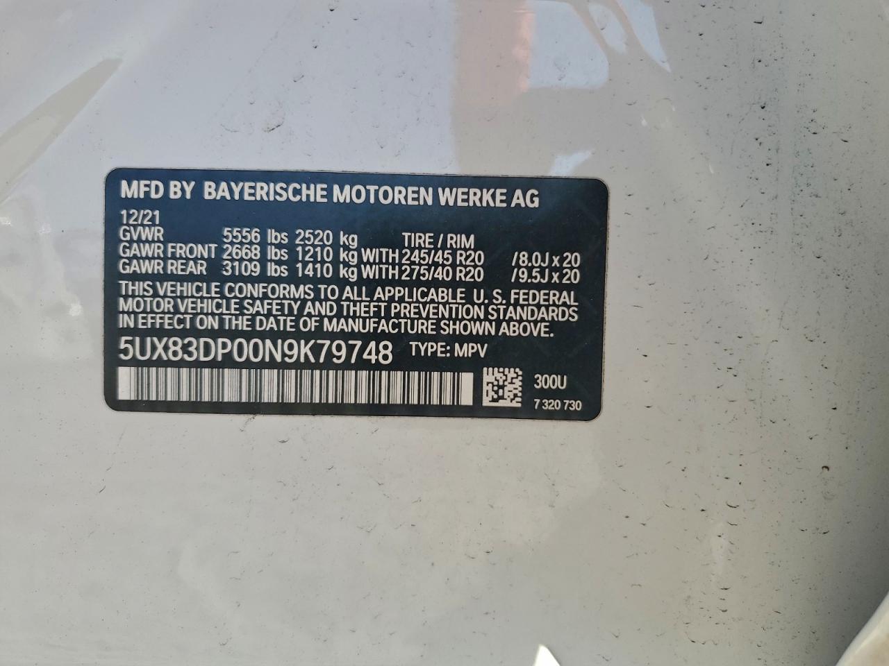 2022 BMW X3 M40I VIN: 5UX83DP00N9K79748 Lot: 94035355