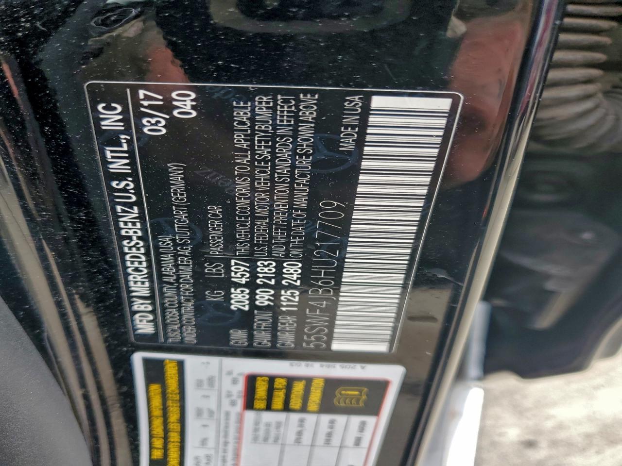 2017 Mercedes-Benz C 300 VIN: 55SWF4JB6HU217709 Lot: 93892615