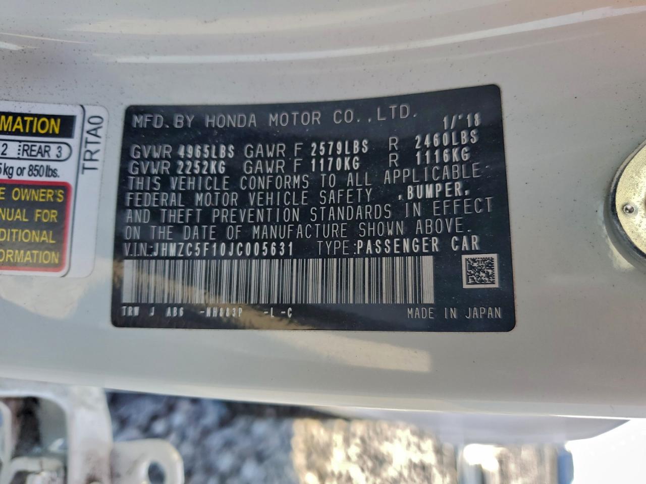 2018 Honda Clarity VIN: JHMZC5F10JC005631 Lot: 94146985