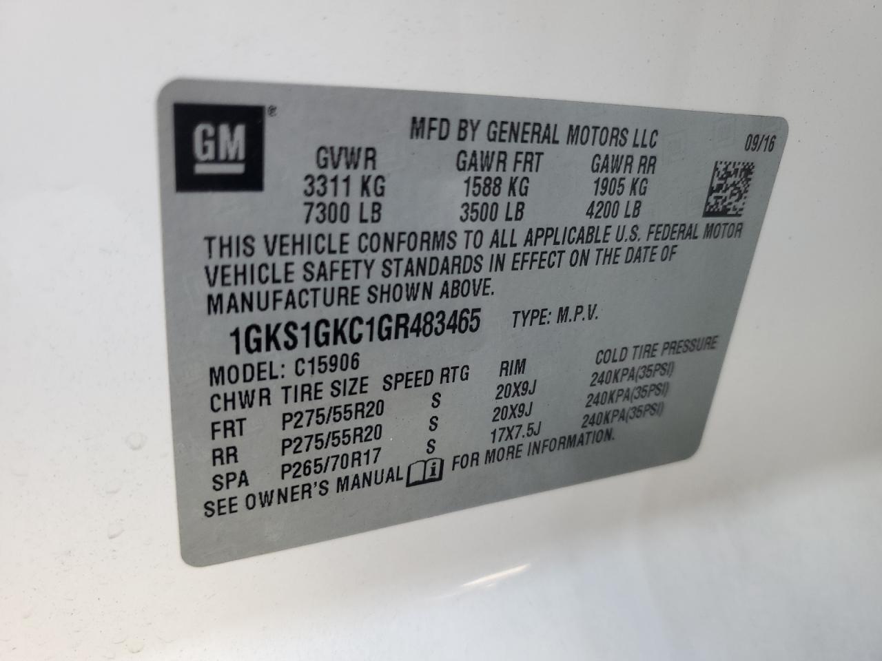 2016 GMC Yukon Xl C1500 Slt VIN: 1GKS1GKC1GR483465 Lot: 90952605