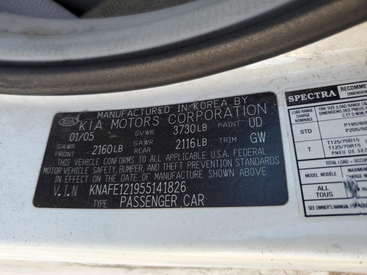 2005 Kia Spectra Lx VIN: KNAFE121955141826 Lot: 91620435