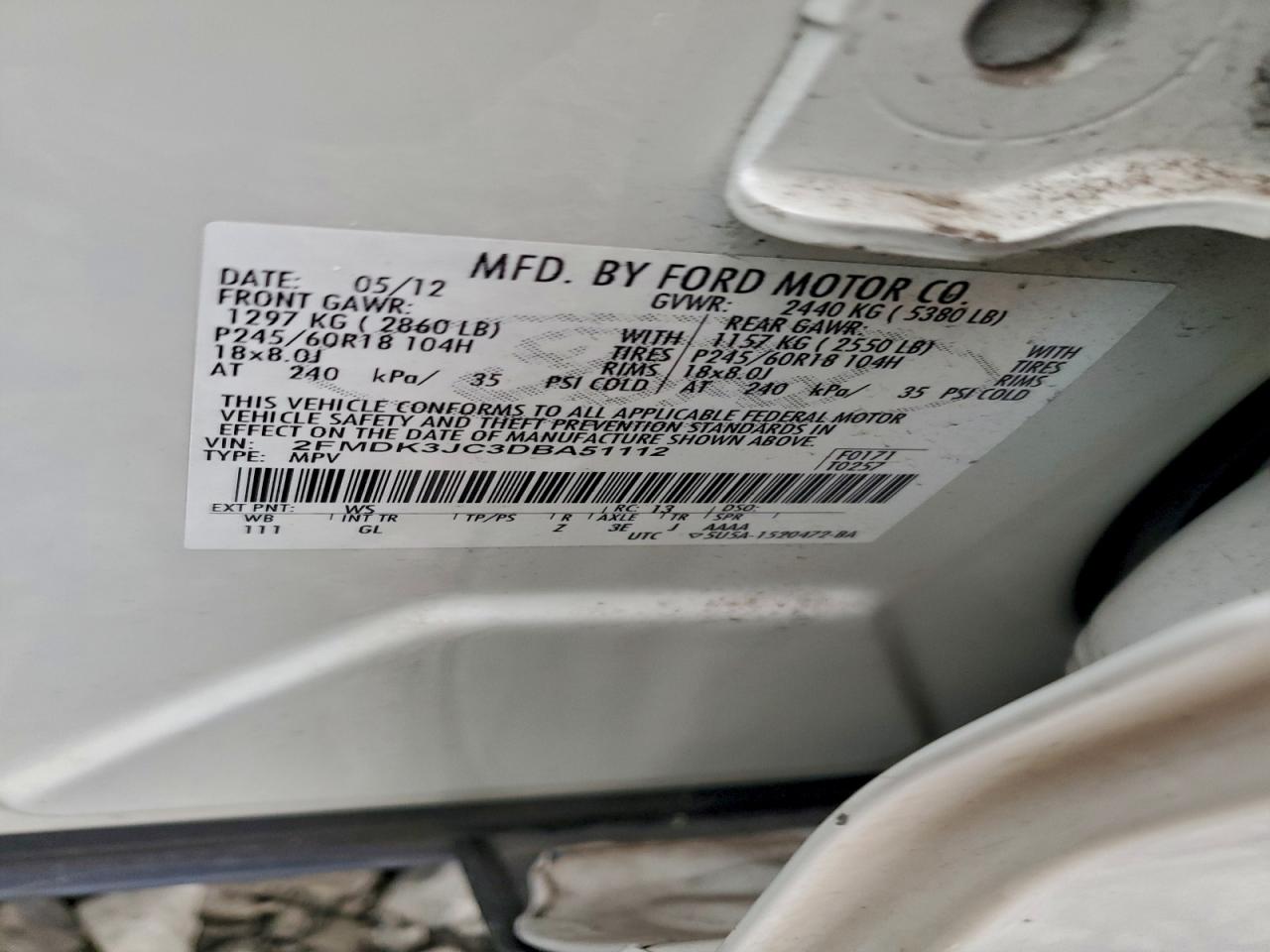 2013 Ford Edge Sel VIN: 2FMDK3JC3DBA51112 Lot: 93816725