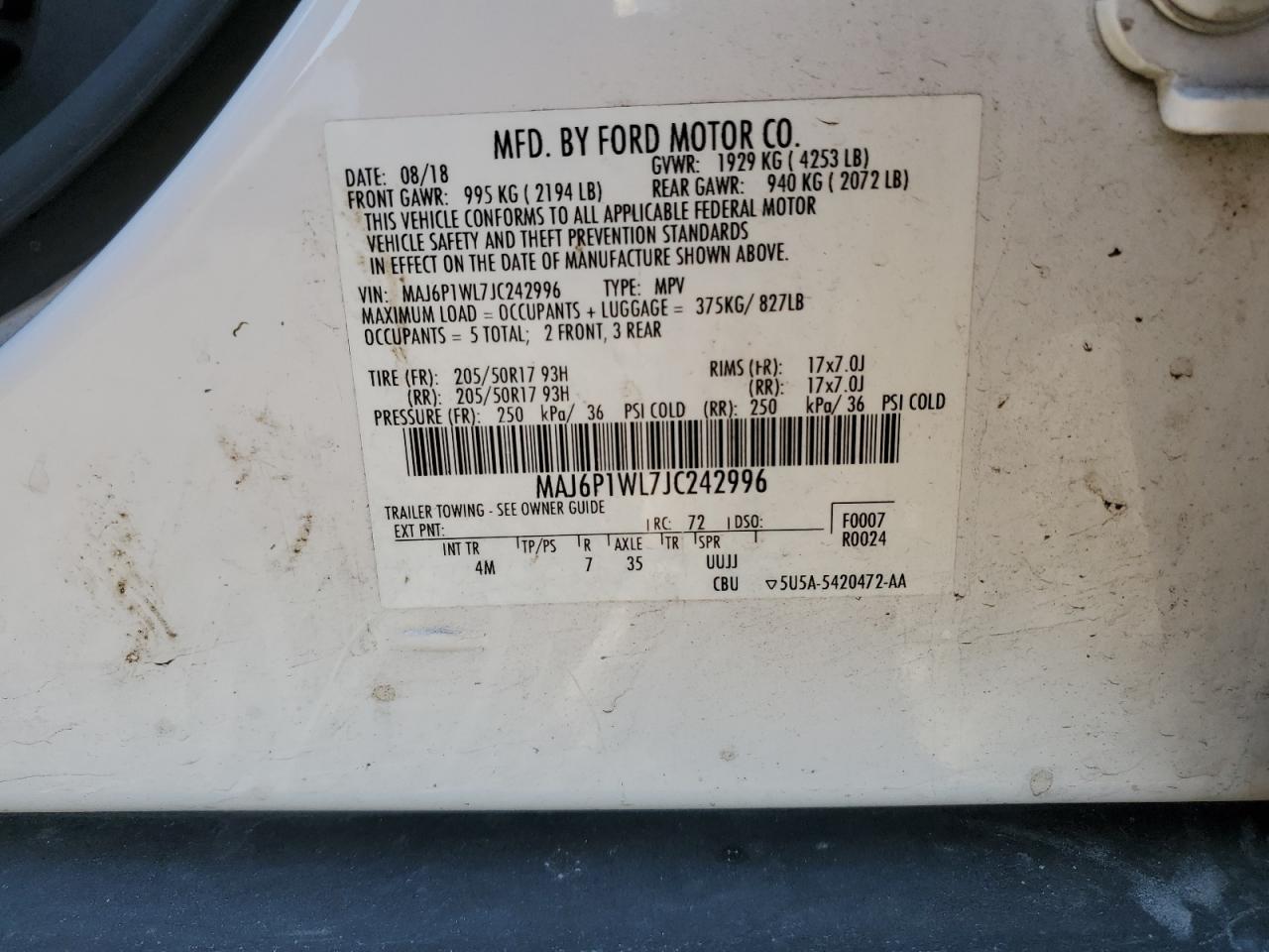 2018 Ford Ecosport Titanium VIN: MAJ6P1WL7JC242996 Lot: 93149775