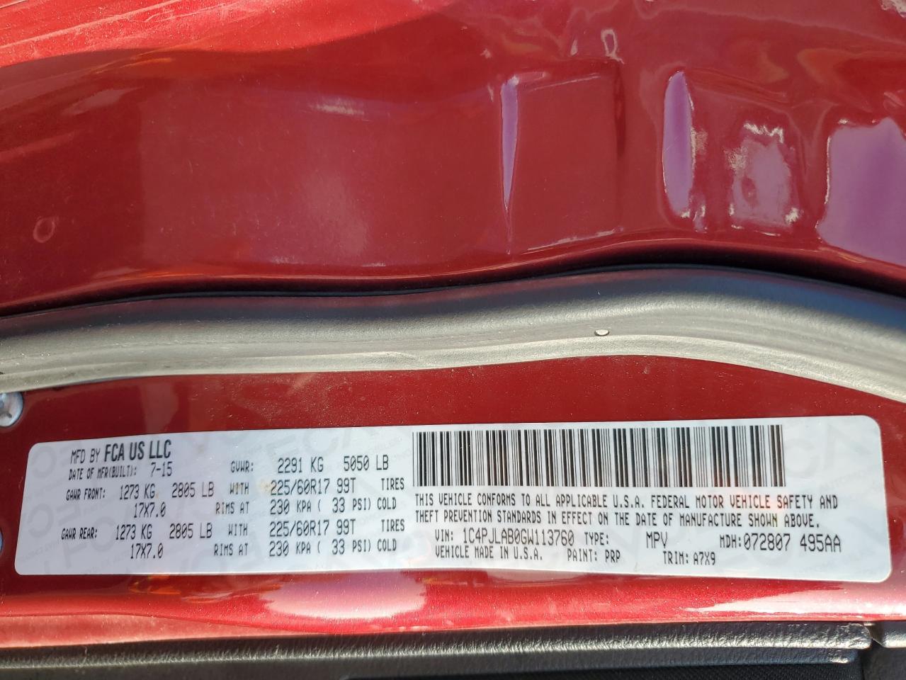 2016 Jeep Cherokee Sport VIN: 1C4PJLAB0GW113760 Lot: 90987685