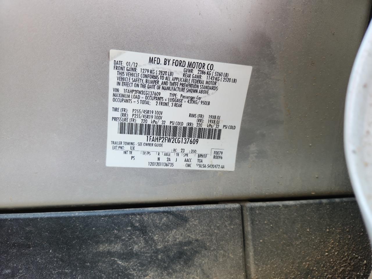 2012 Ford Taurus Limited VIN: 1FAHP2FW2CG137609 Lot: 93524835