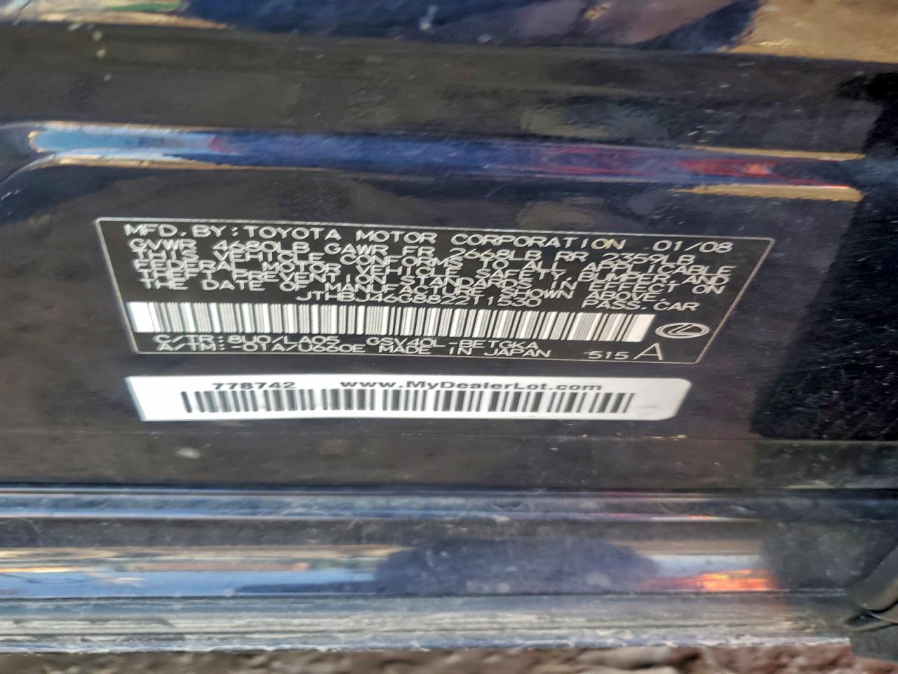 2008 Lexus Es 350 VIN: JTHBJ46G882211530 Lot: 94522075