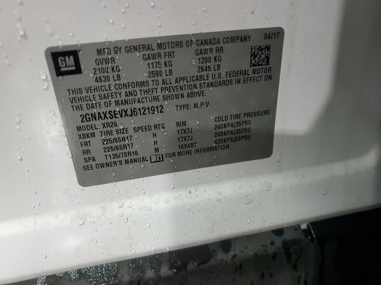 2018 Chevrolet Equinox Lt VIN: 2GNAXSEVXJ6121912 Lot: 91101235