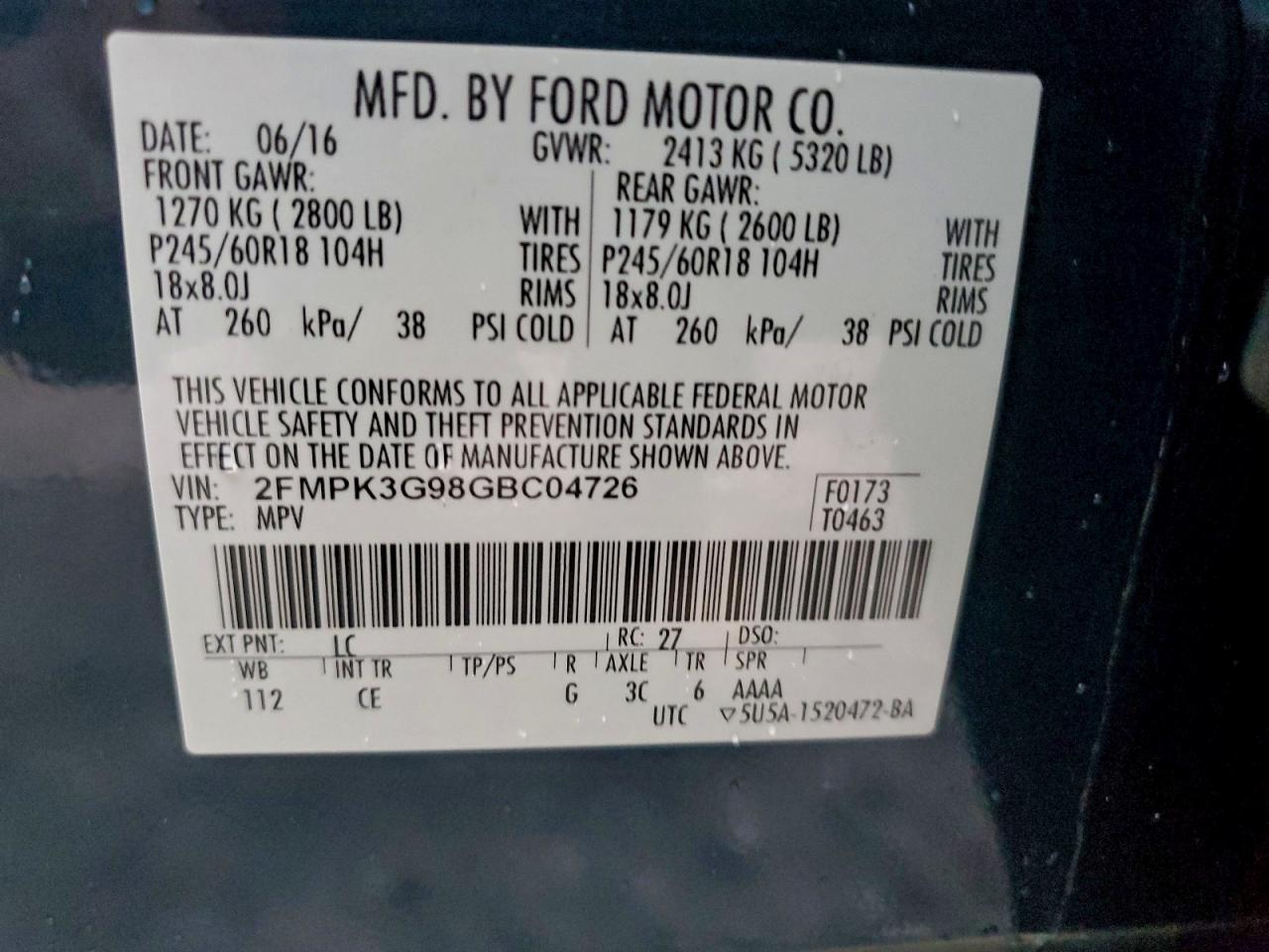 2016 Ford Edge Se VIN: 2FMPK3G98GBC04726 Lot: 93988915