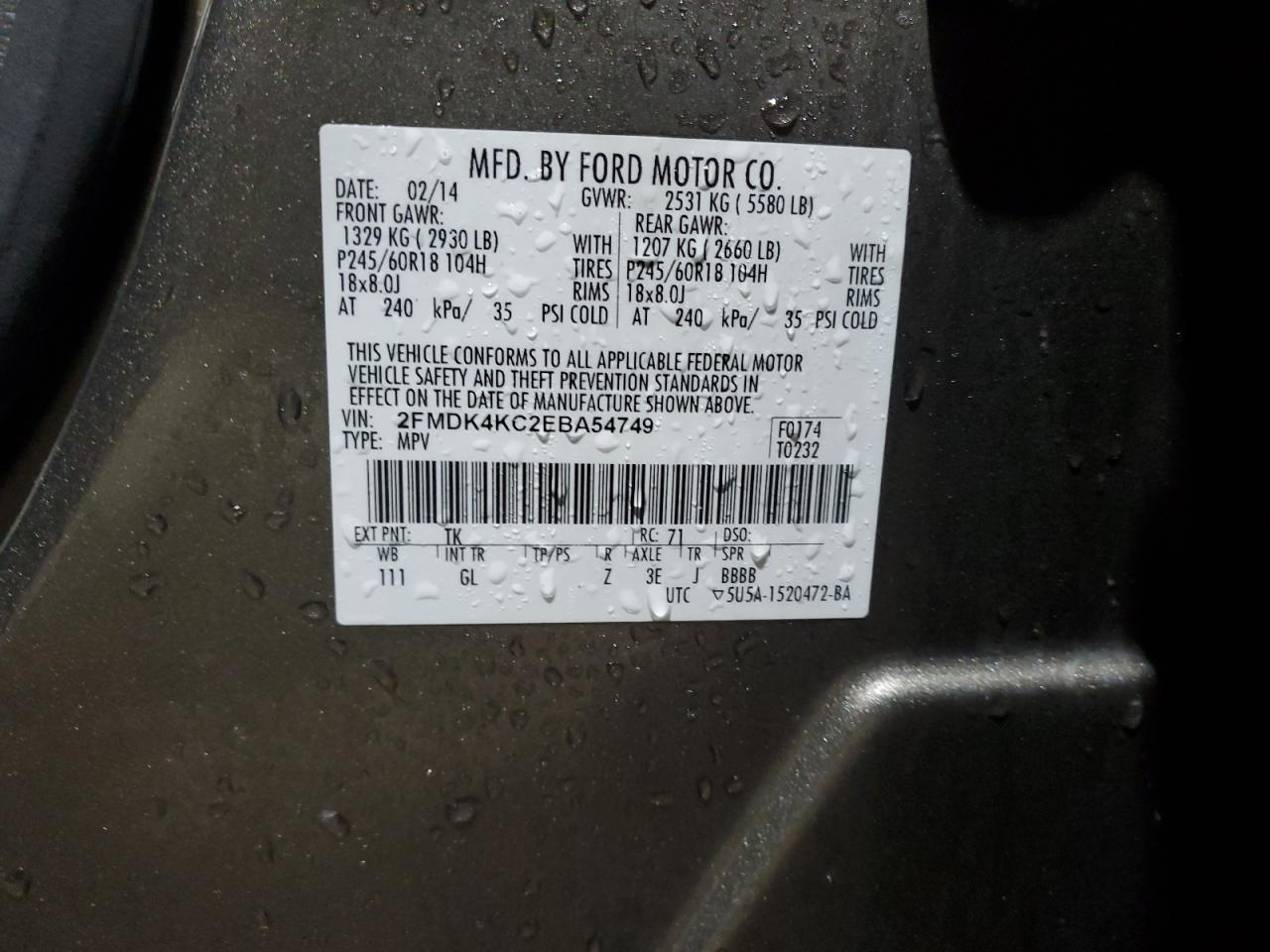 2014 Ford Edge Limited VIN: 2FMDK4KC2EBA54749 Lot: 92608545