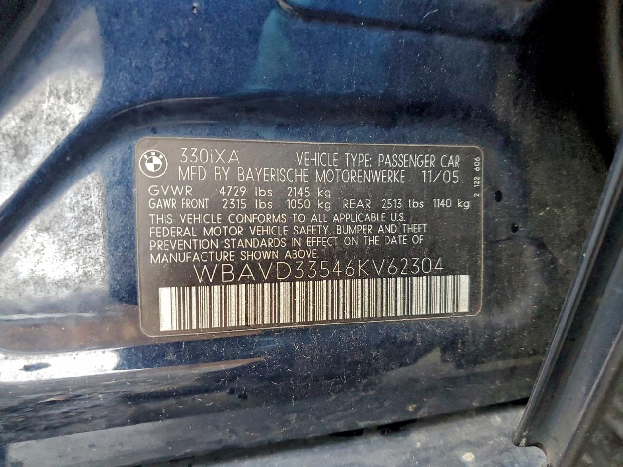 2006 BMW 330 Xi VIN: WBAVD33546KV62304 Lot: 94249265