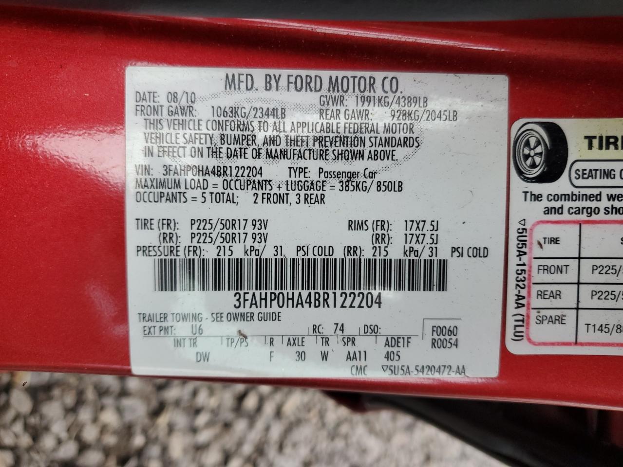 2011 Ford Fusion Se VIN: 3FAHP0HA4BR122204 Lot: 93331095