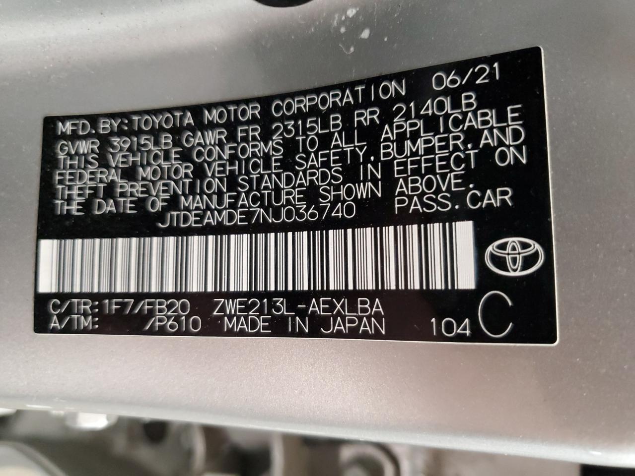 2022 Toyota Corolla Le VIN: JTDEAMDE7NJ036740 Lot: 92611345