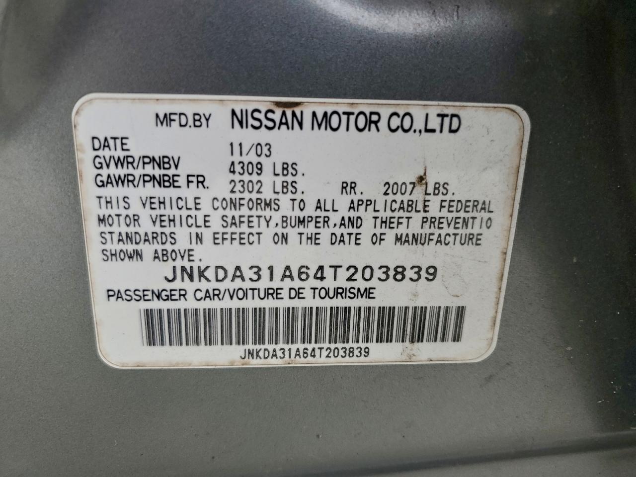 2004 Infiniti I35 VIN: JNKDA31A64T203839 Lot: 93487035