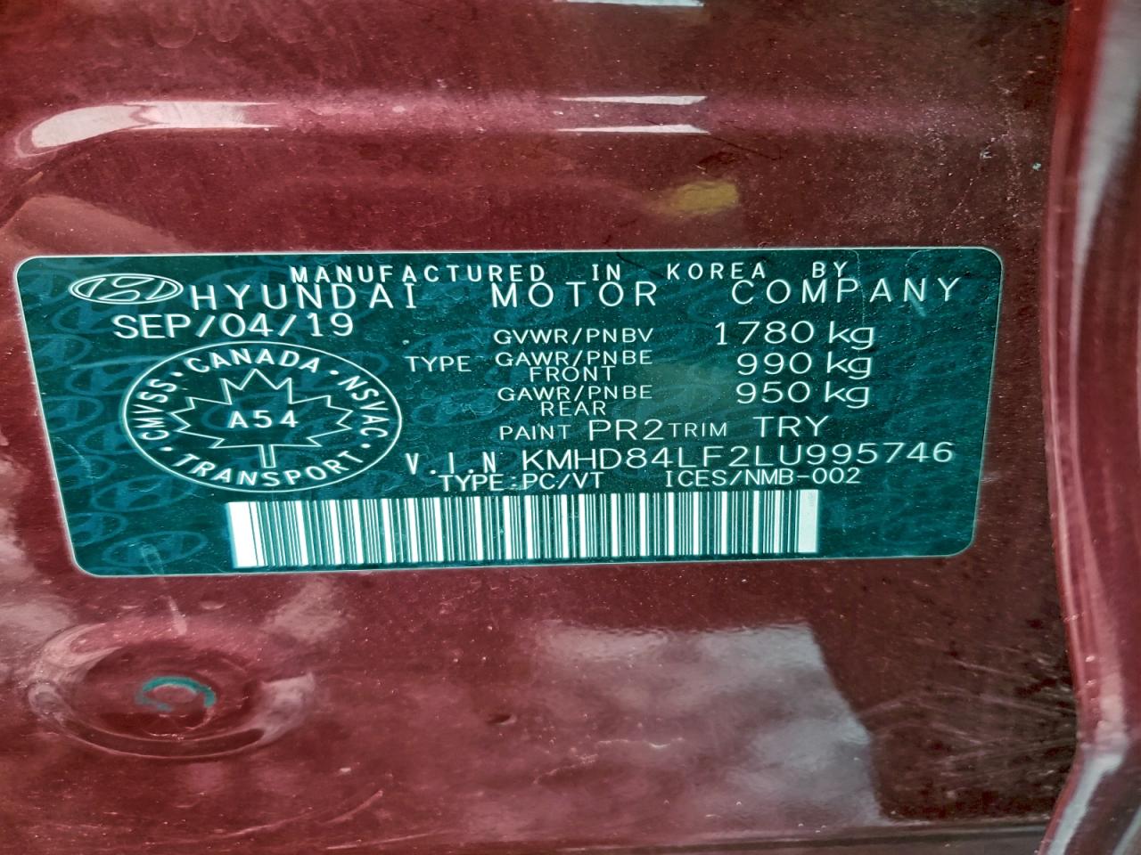 2020 Hyundai Elantra Sel VIN: KMHD84LF2LU995746 Lot: 94564105