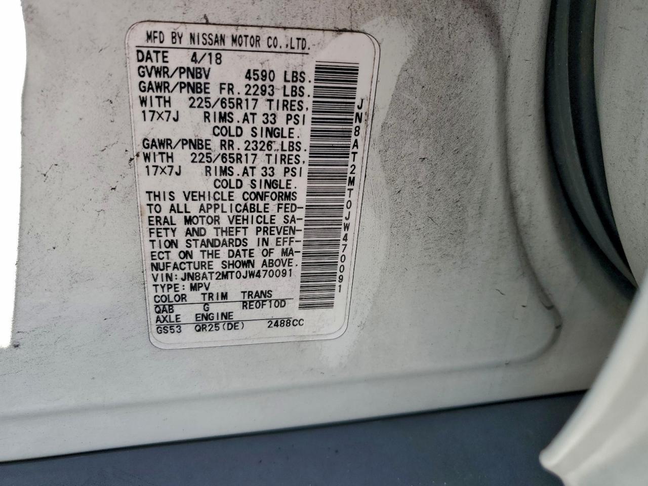 2018 Nissan Rogue S VIN: JN8AT2MT0JW470091 Lot: 92205165