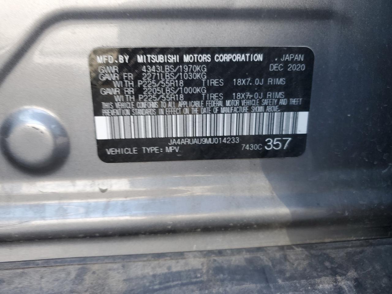 2021 Mitsubishi Outlander Sport Es VIN: JA4ARUAU9MU014233 Lot: 93332115