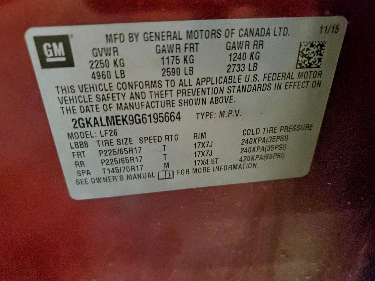 2016 GMC Terrain Sle VIN: 2GKALMEK9G6195664 Lot: 93459665