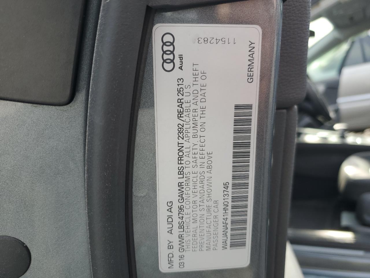 2017 Audi A4 Premium VIN: WAUANAF41HN013745 Lot: 93071095