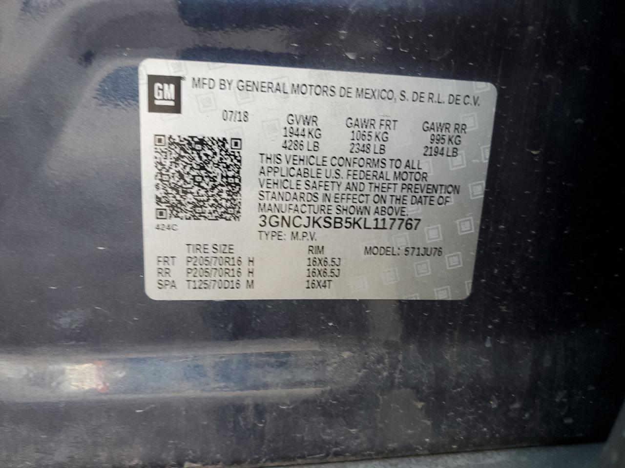 2019 Chevrolet Trax Ls VIN: 3GNCJKSB5KL117767 Lot: 92880345