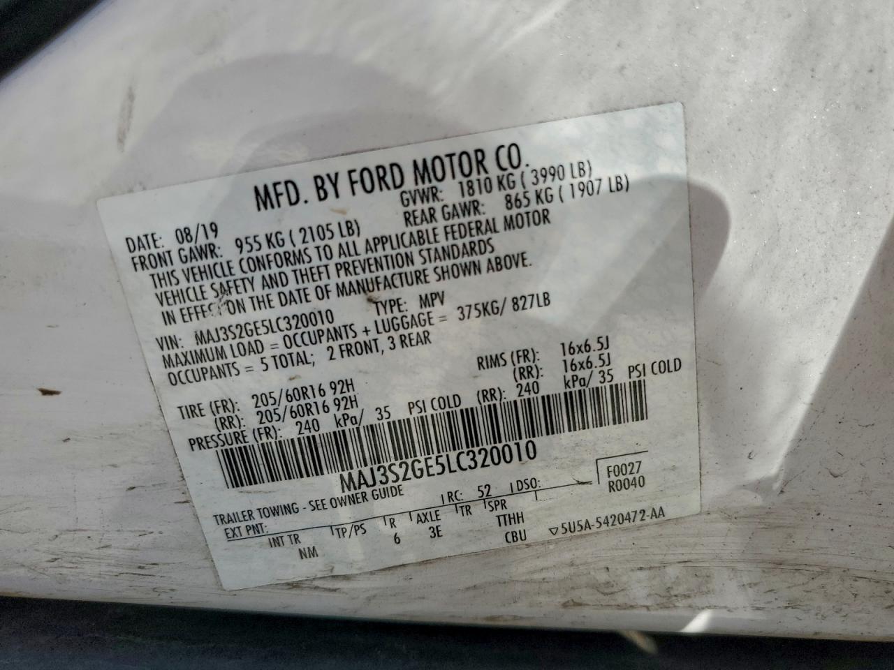 2020 Ford Ecosport Se VIN: MAJ3S2GE5LC320010 Lot: 91227445