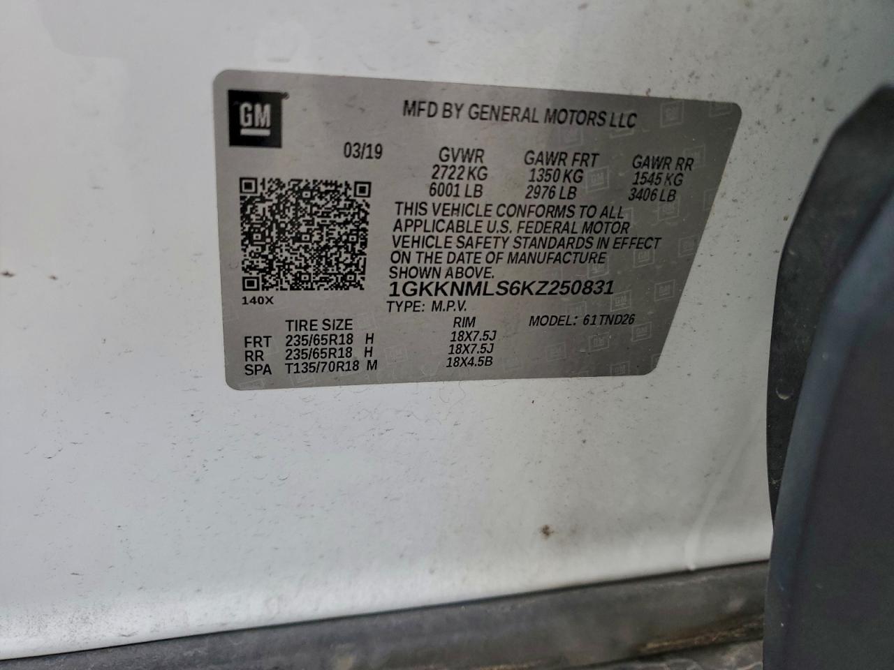 2019 GMC Acadia Slt-1 VIN: 1GKKNMLS6KZ250831 Lot: 93943525