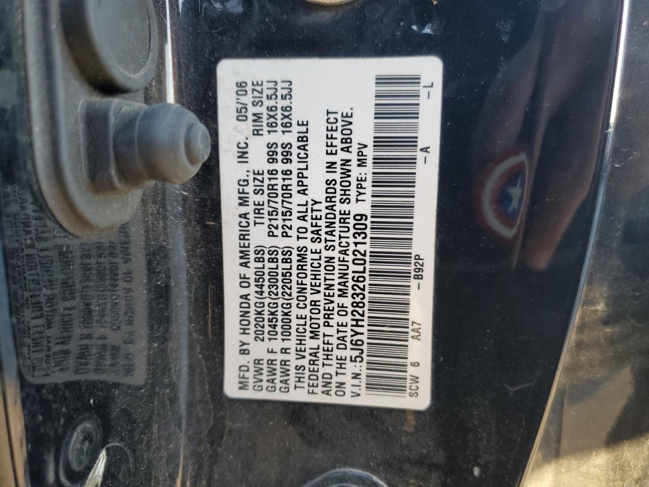 2006 Honda Element Lx VIN: 5J6YH28326L021309 Lot: 92047225