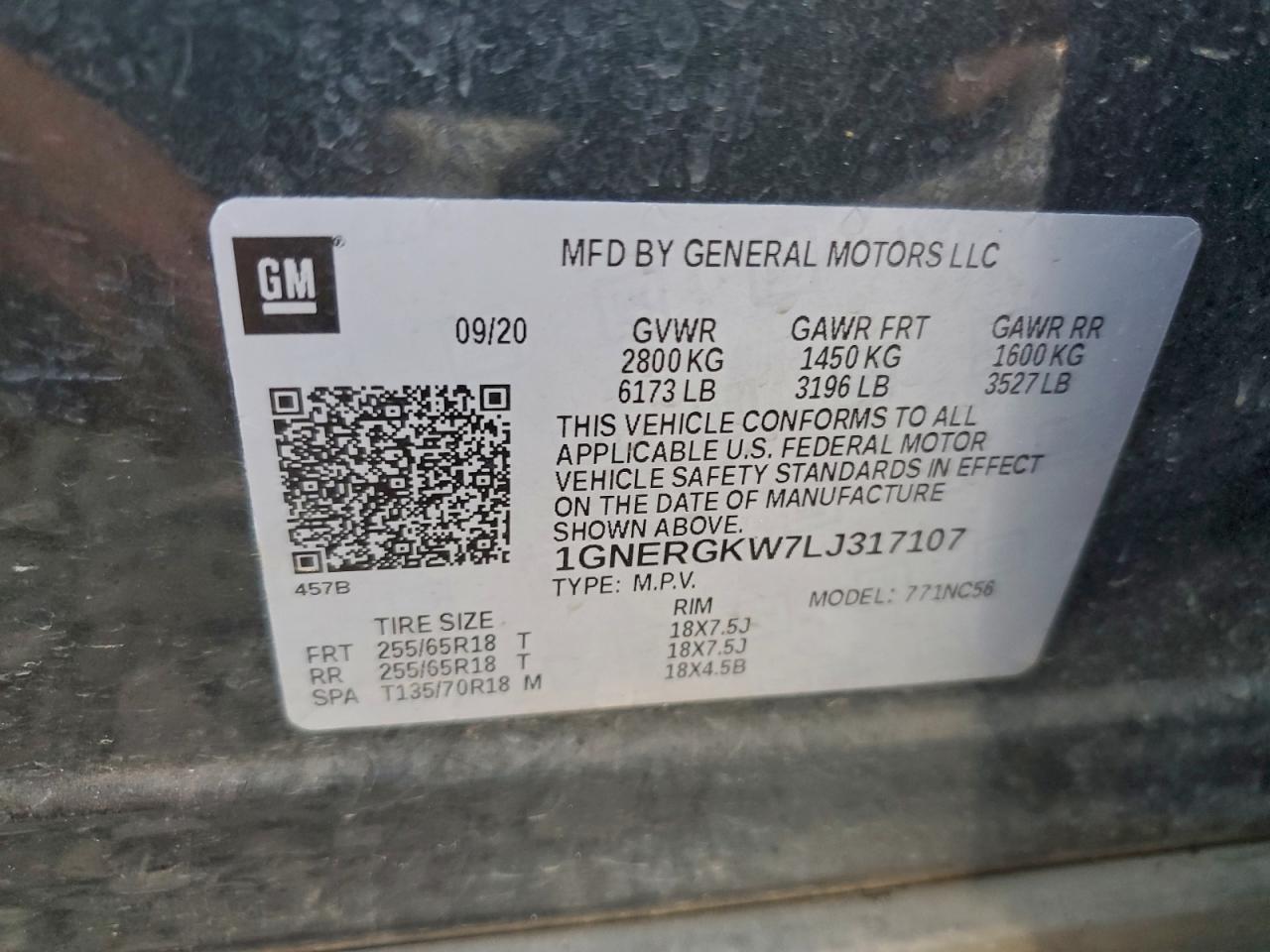 2020 Chevrolet Traverse Lt VIN: 1GNERGKW7LJ317107 Lot: 94253355