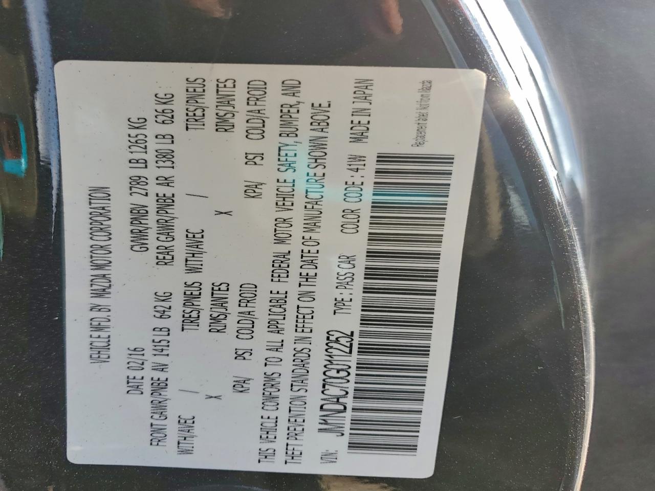 2016 Mazda Mx-5 Miata Club VIN: JM1NDAC70G0112252 Lot: 94169405