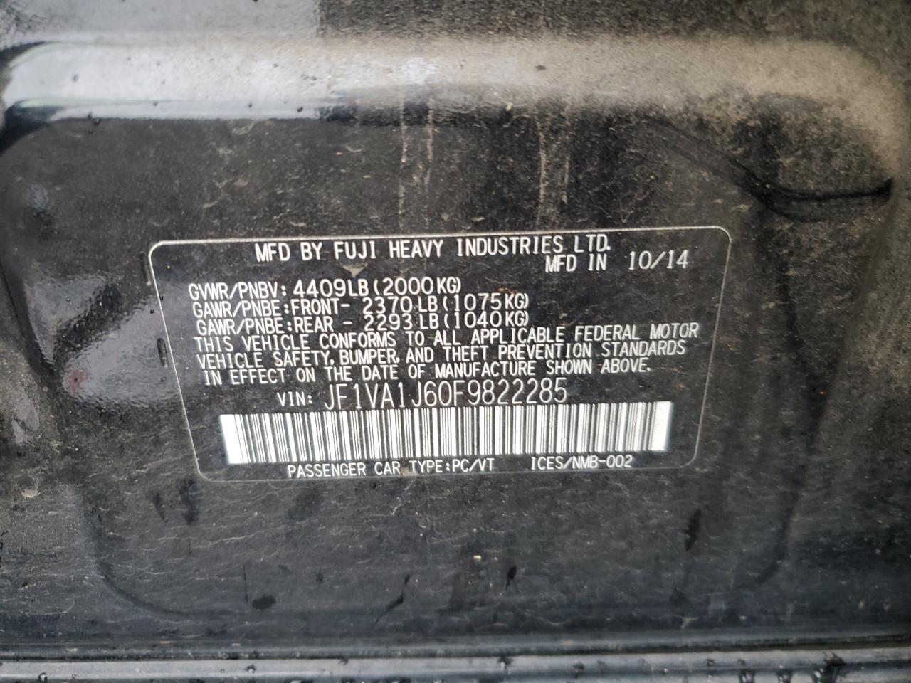 2015 Subaru Wrx Limited VIN: JF1VA1J60F9822285 Lot: 91142985