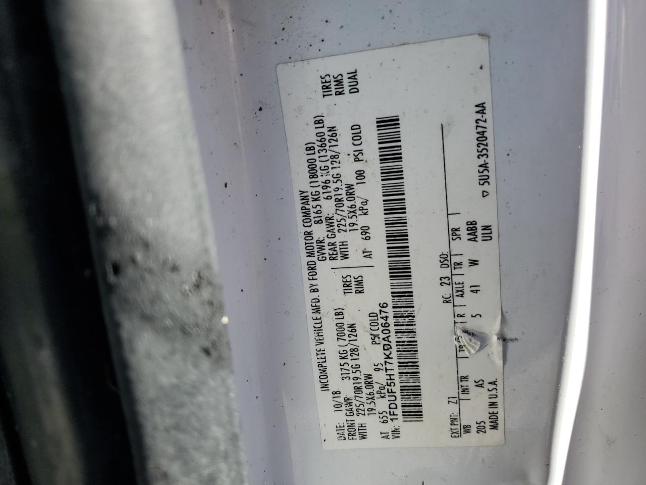 2019 Ford F550 Super Duty VIN: 1FDUF5HT7KDA06476 Lot: 92640365