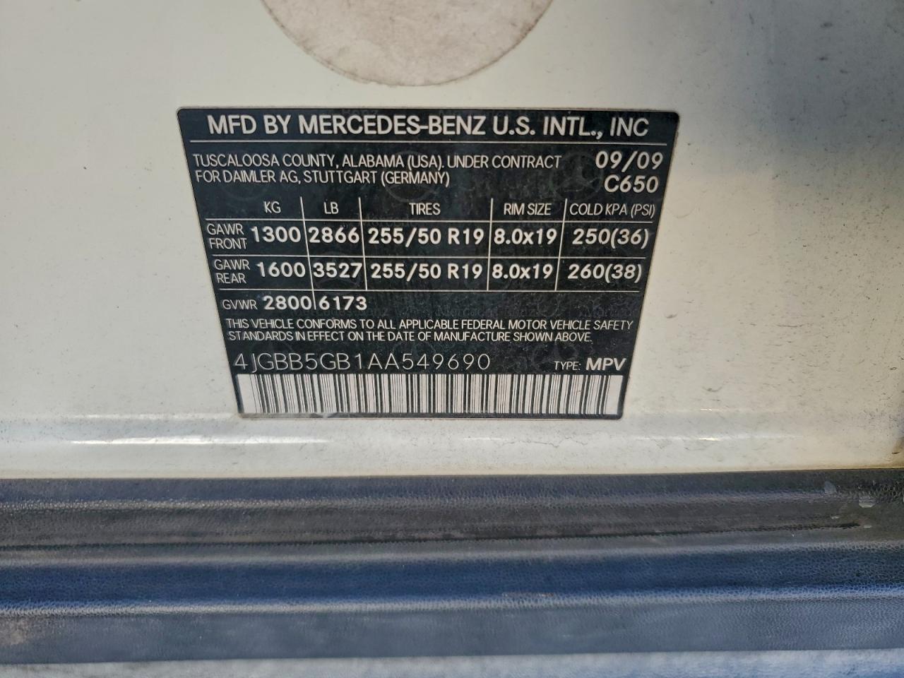 2010 Mercedes-Benz Ml 350 VIN: 4JGBB5GB1AA549690 Lot: 93922945