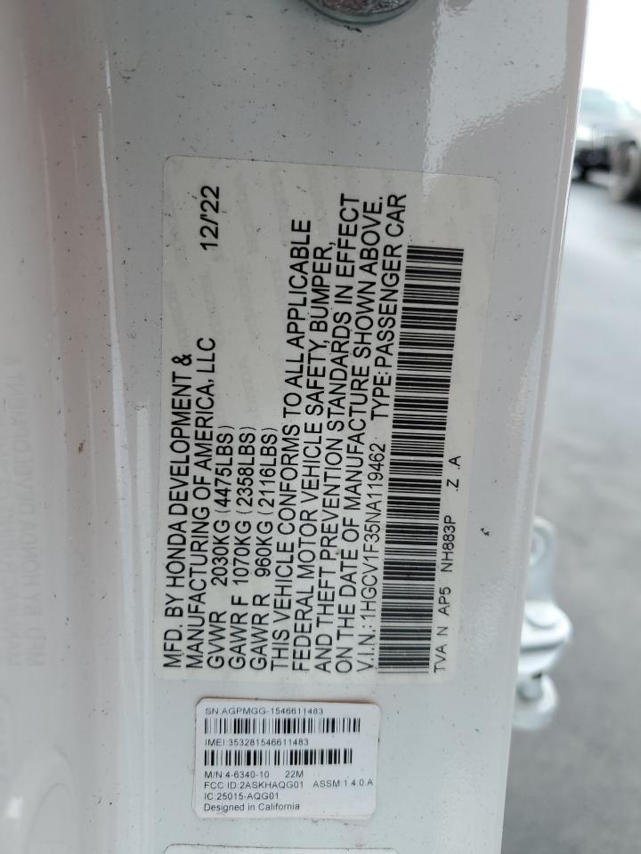 2022 Honda Accord Sport VIN: 1HGCV1F35NA119462 Lot: 93242545