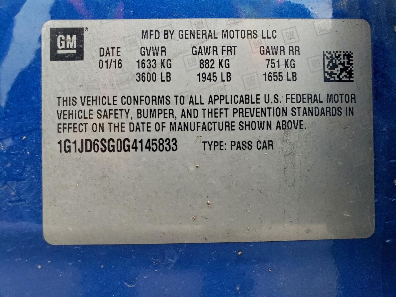 2016 Chevrolet Sonic Lt VIN: 1G1JD6SG0G4145833 Lot: 94113535