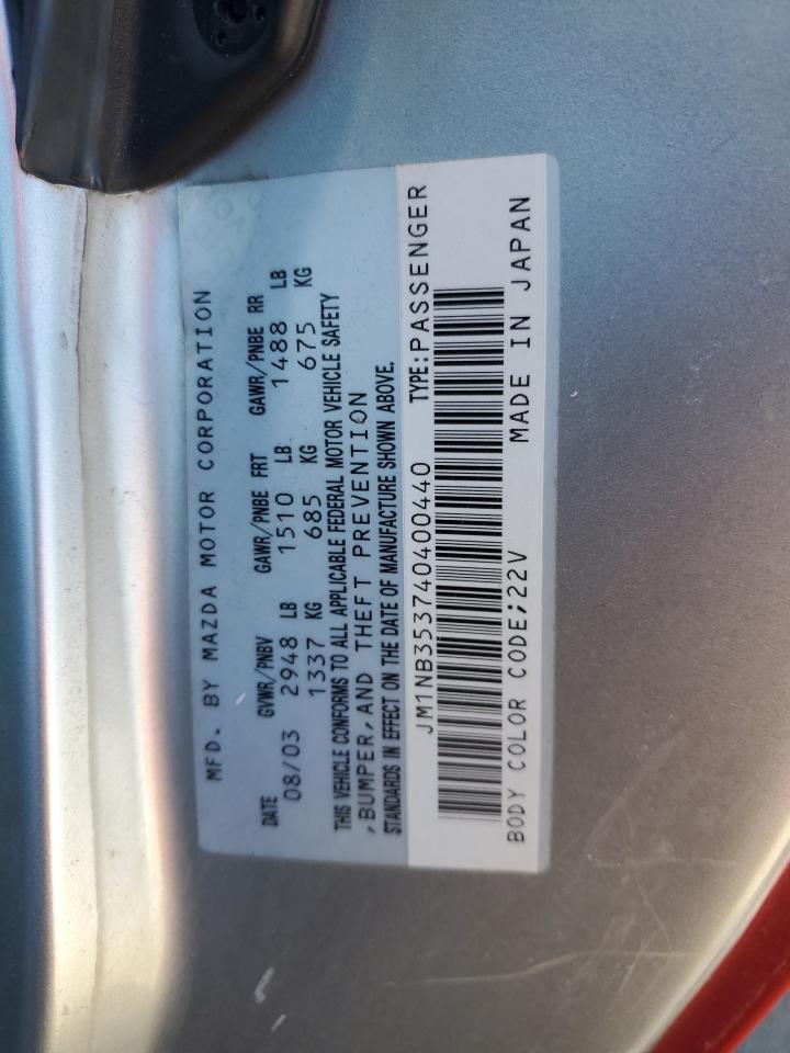 2004 Mazda Mx-5 Miata Base VIN: JM1NB353740400440 Lot: 90716375